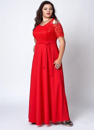 Длинное нарядное красное платье с гипюром 50-52, 52-54, 54-56, 56-58