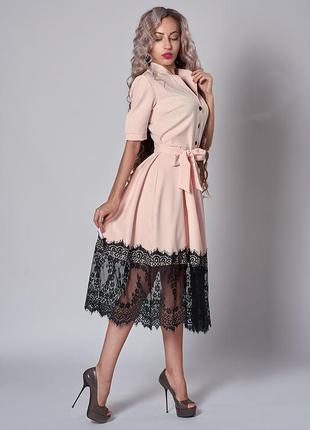 Женское платье пастельного розового цвета с вставкой кружева  размеры 50, 52