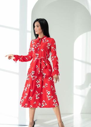 Торжественное молодежное красное платье в цветы с пышной юбкой солнце 42-44, 46-48, 50-52