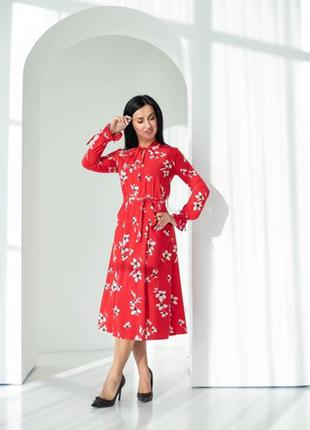 Торжественное молодежное красное платье в цветы с пышной юбкой солнце 42-44, 46-48, 50-527 фото