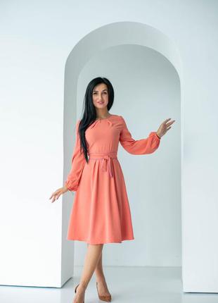 Классическое женское однотонное платье длины миди с юбкой клешь и длинными широкими рукава 44, 46, 48, 50, 521 фото