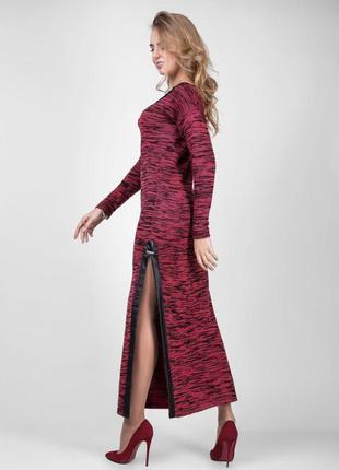 Вязаное красное длинное платье с разрезом осень-зима 44, 463 фото