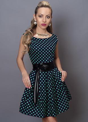 Платье  мод 248 -6 размер 44,46 черное с бирюзовым горохом