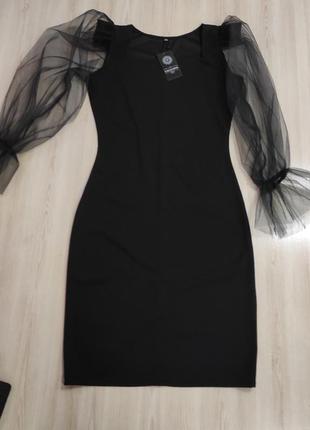 Элегантное чёрное платье с рукавами с сеткой2 фото