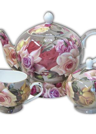 Чайний набір «букет троянд»: чайник, цукорниця і молочник,(840-2413)1 фото