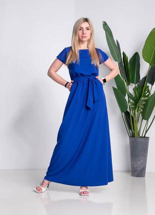 Молодежное эффектное синее длинное платье весна-лето из однотоной ткани размер 44-46, 48-50, 52-545 фото