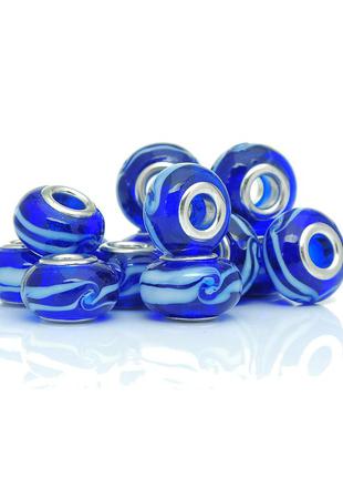 Намистина в стилі пандора, скляна, кругла, перелив темно-синій, 14мм x 9мм, отвір: близько 5.0 мм
