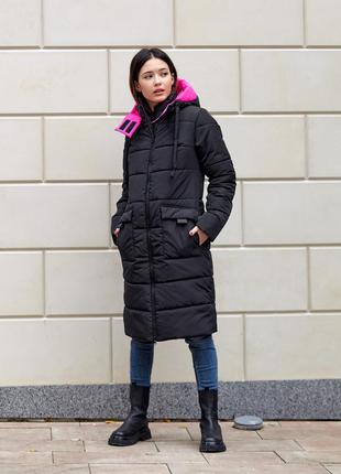 Длинная черная зимняя куртка женская прямой фасон большего размера 50-521 фото