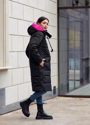 Длинная черная зимняя куртка женская прямой фасон большего размера 50-522 фото
