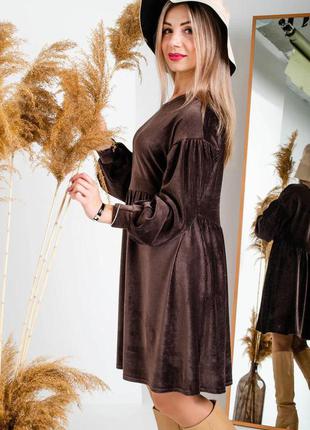 Милое велюровое платье коричневого цвета с длинными рукавами 42-44, 46-483 фото