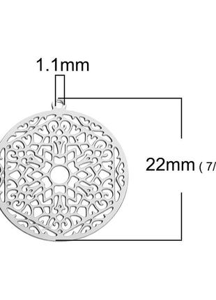 Підвіска, ажурний квітка з візерунком, буддійська мандала, нержавіюча сталь кругла, срібний тон, 22мм x 20мм3 фото