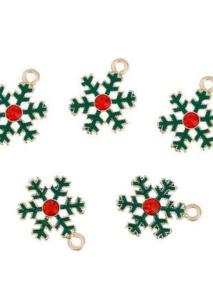 Подвеска рождественская снежинка, цинковый сплав, золотая, зеленая, красная, страз, эмаль, 23 мм x 17 мм
