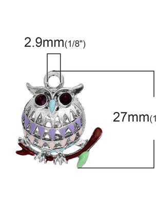 Подвеска " сова ", цинковый сплав, разноцветная, фиолетовые стразы, с эмалью, 27 мм x 23 мм3 фото