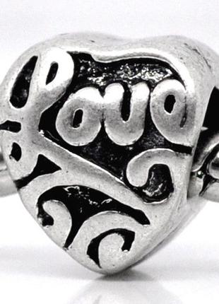 Намистина серце, " love ", 10 mm x 9 мм, античне срібло, цинковий сплав, пандора
