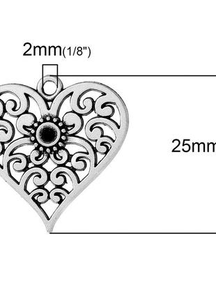 Подвеска сердце, цинковый сплав, античное серебро, для страз ss12, узор, полая, 25 мм x 25 мм2 фото