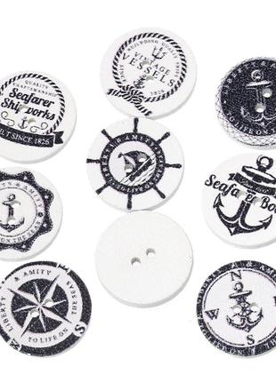 Деревянные пуговицы, круглые, с двумя отверстиями с узором “ море ”, якорь, 20 мм диаметр, цена за 10 шт.