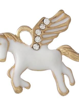 Підвіска " пегас ", колір: золото, біла емаль, кінь, крила, стрази, 24 мм x 23 мм