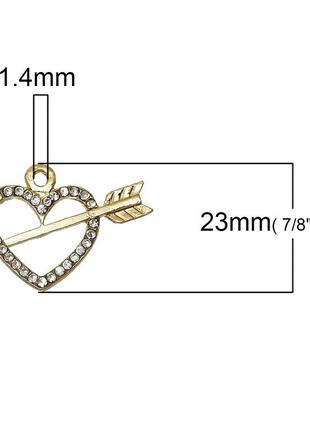 Подвеска сердце + стрела, цинковый сплав, стразы, цвет: золото, полая, 23 мм x 15 мм2 фото