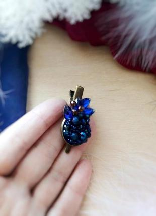 Квітка ночі синій шпилька прикраса у зачіску сапфір вишивка гілочка основа качечка бронза2 фото