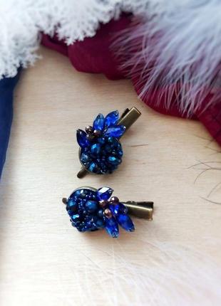 Квітка ночі синій шпилька прикраса у зачіску сапфір вишивка гілочка основа качечка бронза