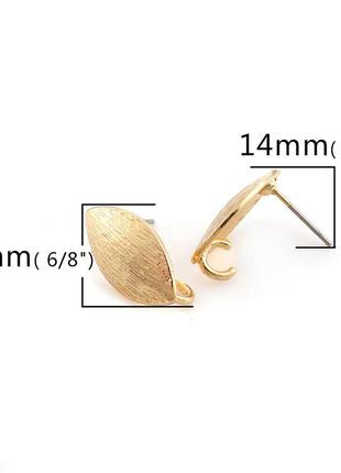 Сережка гвоздик лист з заглушками, цинковий сплав, колір: золото, основа з петлею, 18 мм x 10 мм, ціна за 1 шт.2 фото