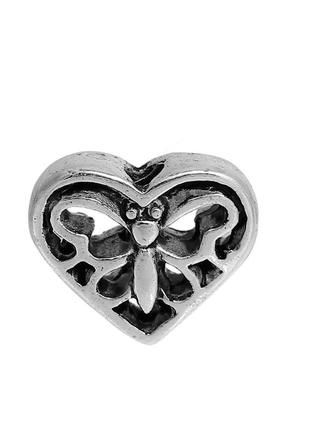 Бусина сердце цинковый сплаве античное серебро бабочка с узором ажурная резьба 12 мм x 10 мм 25069