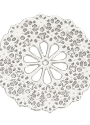 Кабошон, коннектор, подвеска, цветок, металлический сплав, круглая, цвет: серебряный тон, 15 мм диаметр3 фото