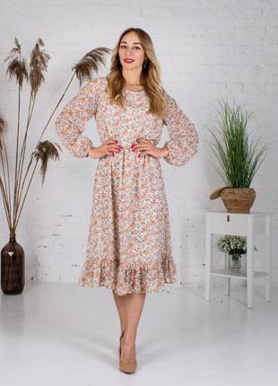 Женское цветочное платье из шифона цвет молочный 44-46, 48-50, 52-54, 56-58