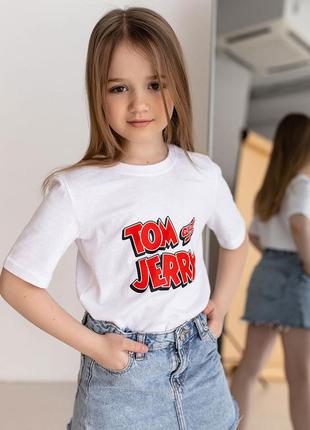 Трикотажна дитяча беллая футболка для дівчинки, хлопчика з малюнком том і джері 140, 146, 152