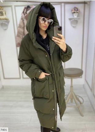Женская длинная зимняя куртка-пальто цвета хаки | 3 цвета