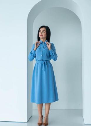 Стильное и модное голубое женское платье-рубашка длины миди с длинным рукавом 42, 44, 46, 48, 503 фото