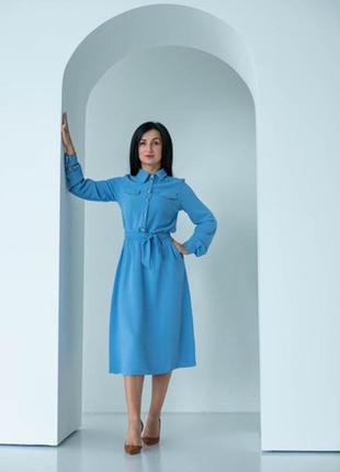 Стильное и модное голубое женское платье-рубашка длины миди с длинным рукавом 42, 44, 46, 48, 502 фото
