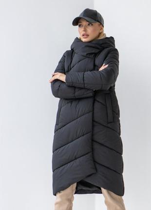 Длинная зимняя однотонная черная женская куртка дутая, молодежная модель 44-52
