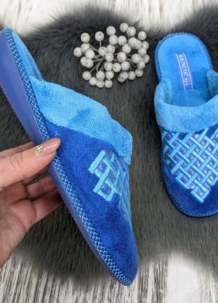 Тапочки домашние женские белста с закрытым носком махровые синие решётка3 фото