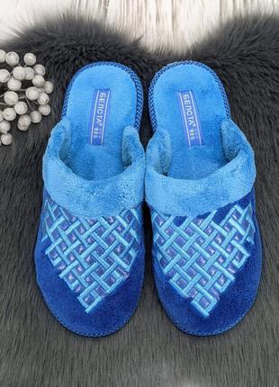 Тапочки домашние женские белста с закрытым носком махровые синие решётка2 фото