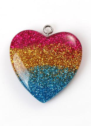 Підвіска серце з блискітками, смола, різнобарвна, 30мм x 27мм1 фото