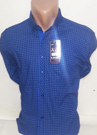 Рубашка мужская клетчатая синяя x port vd-0011 приталенная турция с длинным рукавом, стильная, молодежная