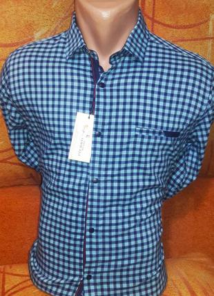 Рубашка мужская pierini vd-0004 голубая в клетку приталенная турция с длинным рукавом, стильная, молодежная2 фото