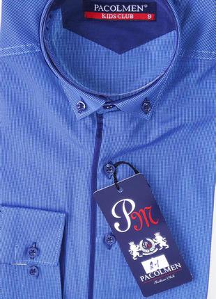 Рубашка детская с длинным рукавом dd-0021 pacolmen синяя приталенная в клетку 9