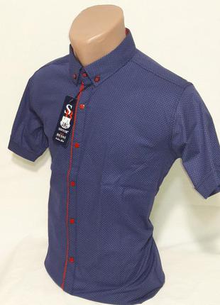 Рубашка мужская с коротким рукавом vk-0007 sinyor besni приталенная синяя в принт турция