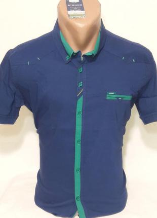 Рубашка мужская с коротким рукавом vk-184-2 vip stendo синяя приталенная стрейч турция, тенниска мужская