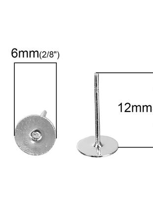 Сережка гвоздик, шпилька, кругла, мідь, срібляста, основи під вставку (для 6 мм кабошона), 12 мм x 6 мм2 фото