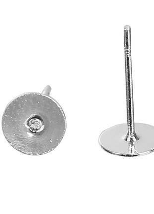 Сережка гвоздик, шпилька, кругла, мідь, срібляста, основи під вставку (для 6 мм кабошона), 12 мм x 6 мм1 фото