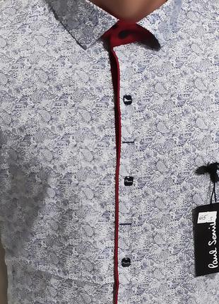 Рубашка мужская с коротким рукавом vk-0065 paul smith белая в узор приталенная стрейч коттон турция6 фото