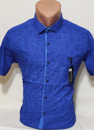 Рубашка мужская с коротким рукавом vk-0069 paul smith синяя в узор приталенная стрейч коттон турция