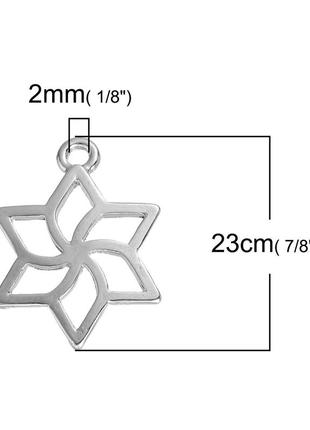 Підвіска зірка давида, цинковий сплав, срібний тон, квітка з візерунком ажурне різьблення, 23 мм x 17 мм2 фото