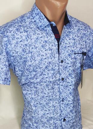 Мужская рубашка стильная gold milano vк-0015 голубая приталенная в узор турция с коротким рукавом тенниска7 фото