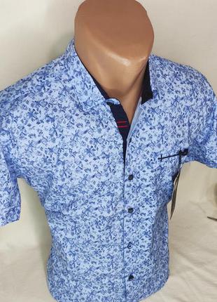 Мужская рубашка стильная gold milano vк-0015 голубая приталенная в узор турция с коротким рукавом тенниска3 фото