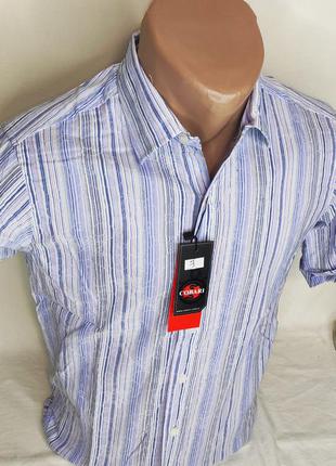 Мужская рубашка стильная cobari vк-0003 голубая приталенная в узор турция с коротким рукавом тенниска6 фото