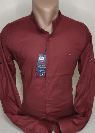 Мужская бордовая рубашка gold milano vd-0018 однотонная приталенная воротник стойка турция стильная1 фото